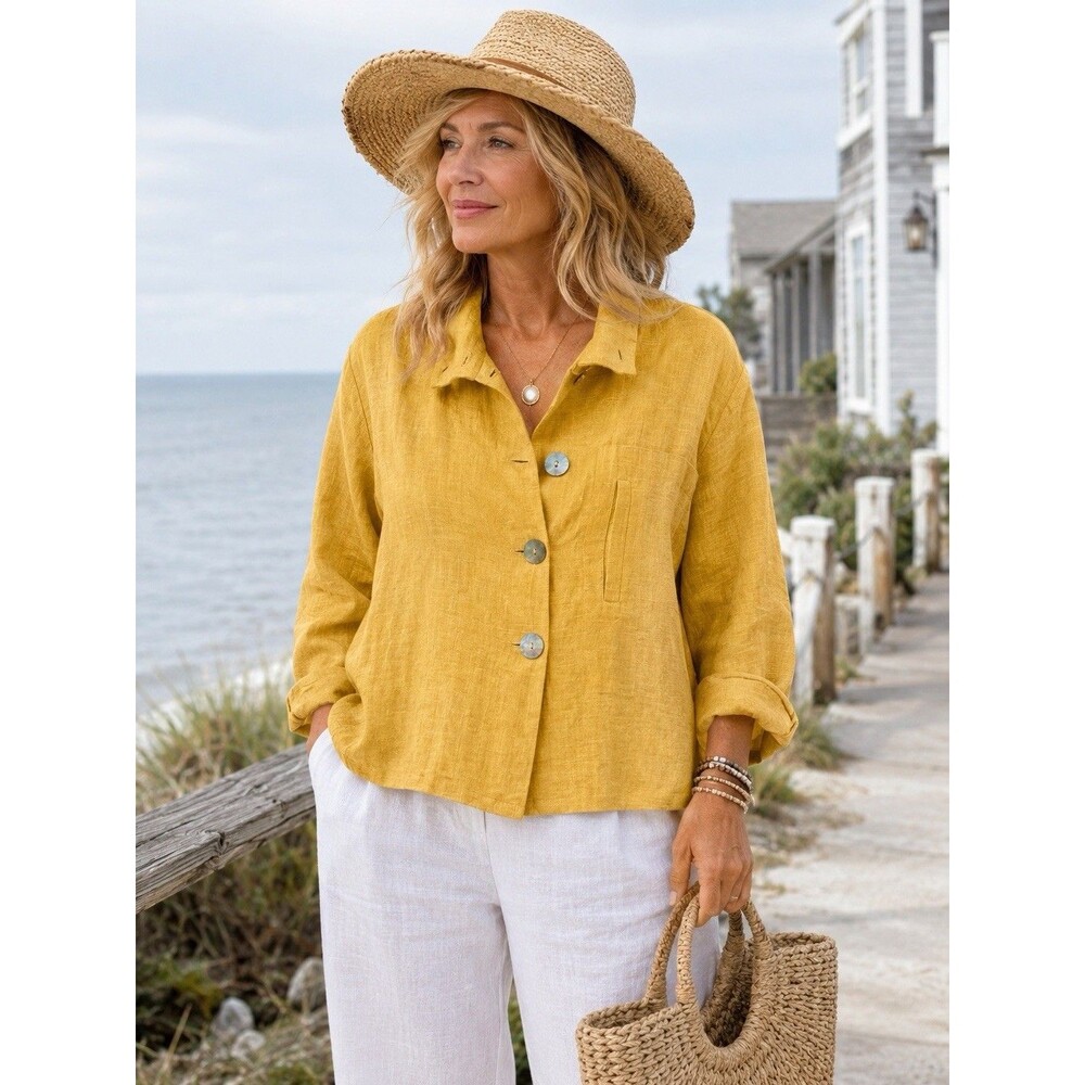 Spin Studio 100% Linen Jacket Women M Yellow Mustard Boxy Art To Wear USA